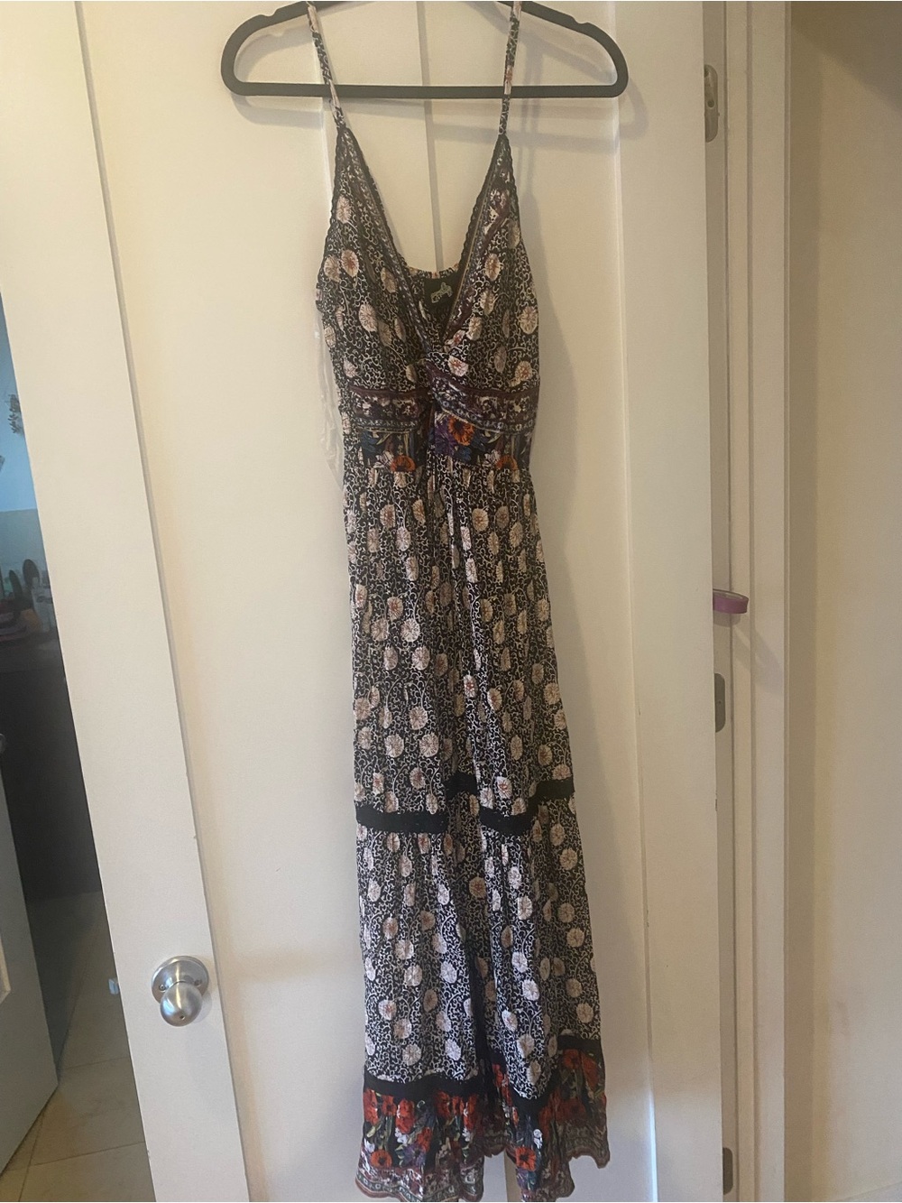 Angie Bohemian Floral Maxi Dress with Spaghetti Straps - Black & Multi